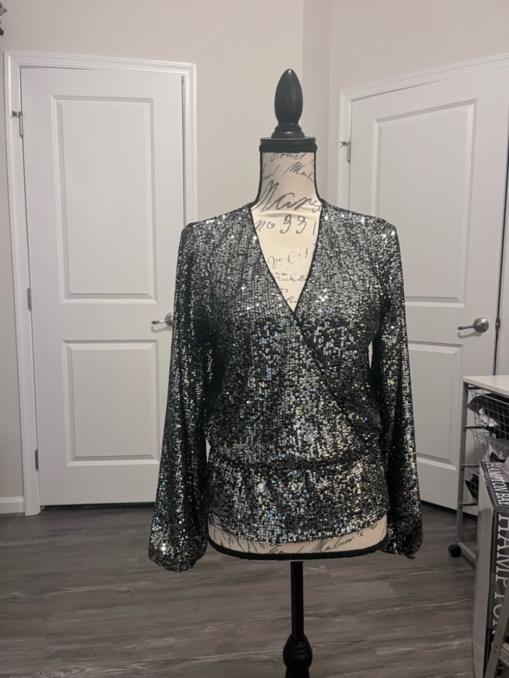 White House Black Market Silver Sequin Wrap Blouse